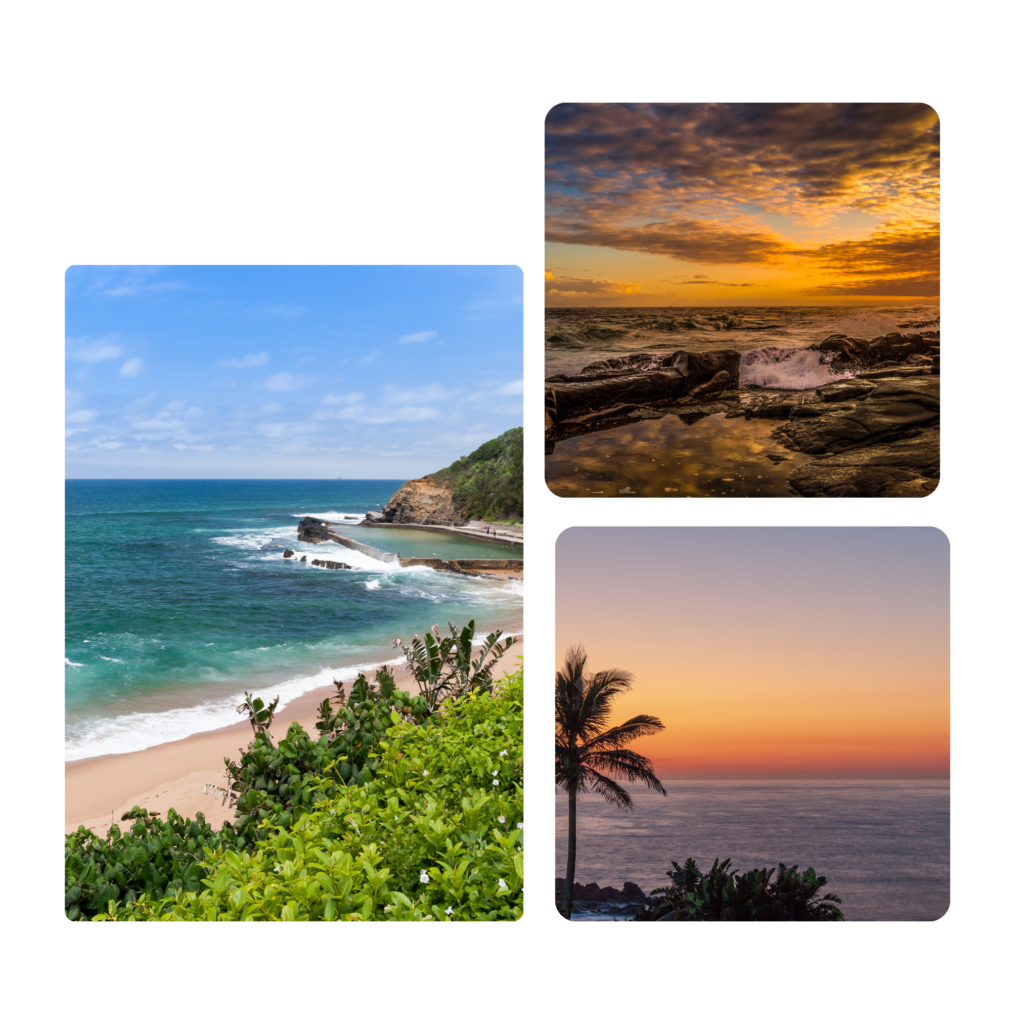 Ballito Backpackers collage of three stunning beach landscapes: vibrant blue ocean near Ballito, a golden sunset over rocks at Ballito Beach, and a palm tree silhouette at Ballito coastline at dusk